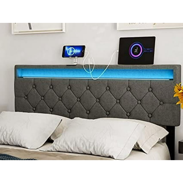 IKIFLY Upholstered Full Size Headboard with LED Lights & 2 USB Ports