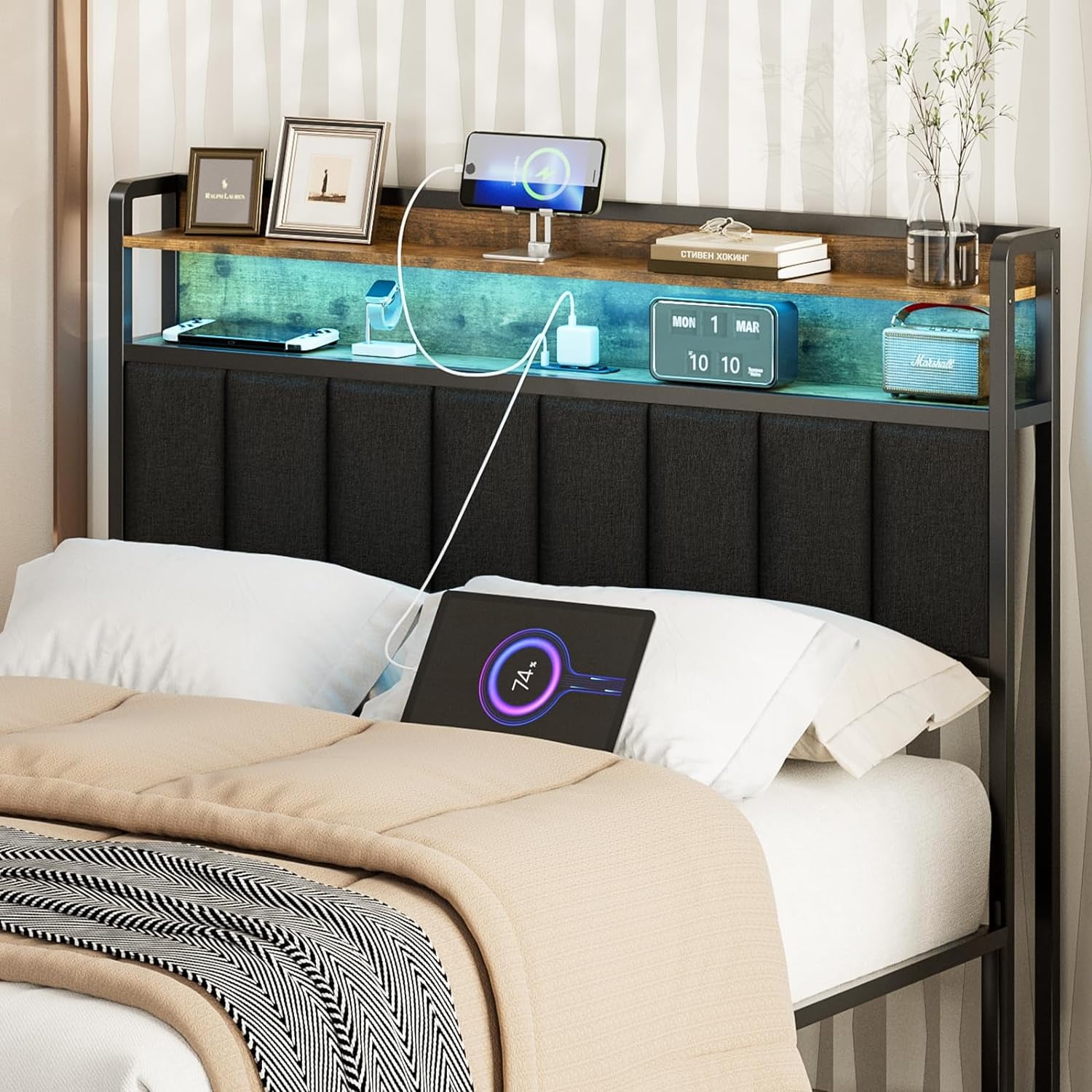 IKIFLY Upholstered Full Size, LED Storage Headboard with Charging ...