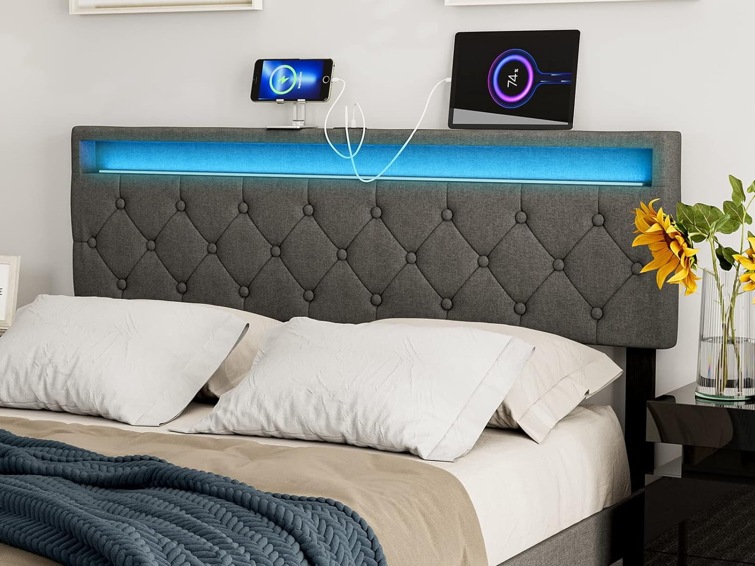 IKIFLY Upholstered Queen Size Headboard with LED Lights & 2 USB Ports ...