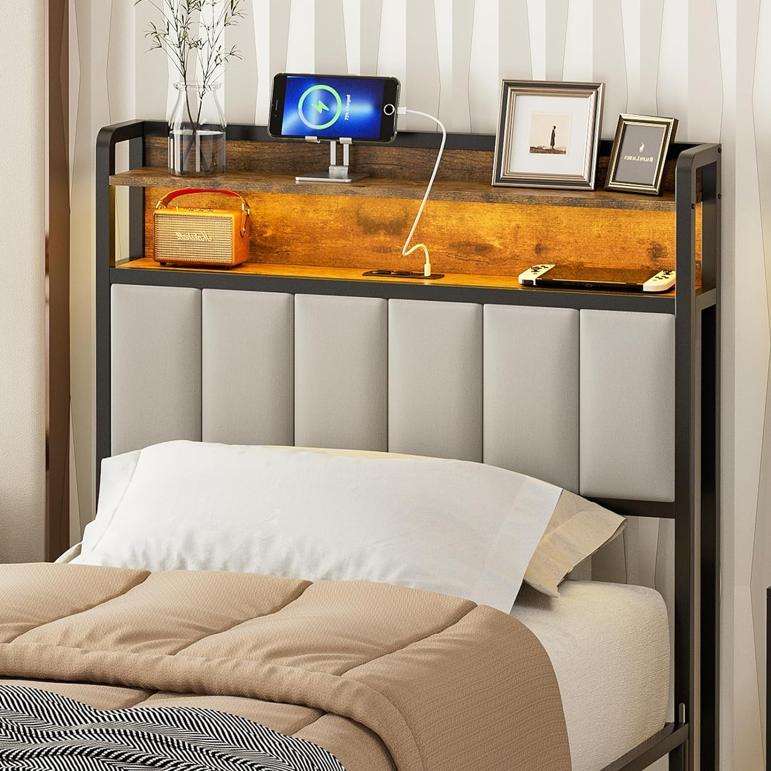 IKIFLY Upholstered Twin Size Storage Headboard with LED Lights and