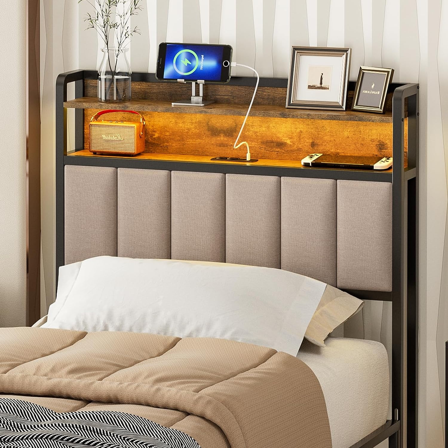 IKIFLY Upholstered Twin Size Storage Headboard with LED Lights and