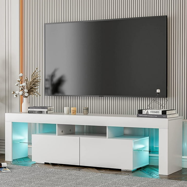 IKIFLY White TV Stand Modern LED TV Stand w 16 Colors Remote