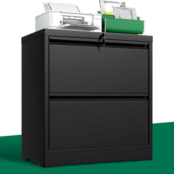 IKIMI 2 Drawer Lateral File Cabinet with Lock, 26.77“W File Cabinets for Home Office Legal/Letter A4 Size, File Cabinet Storage Cabinet,Require Assembly, Black