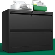 IKIMI 2-Drawer Lateral File Cabinet with Lock, 35.4 W Metal Filing Cabinet for Letter/Legal/A4 Files, Black