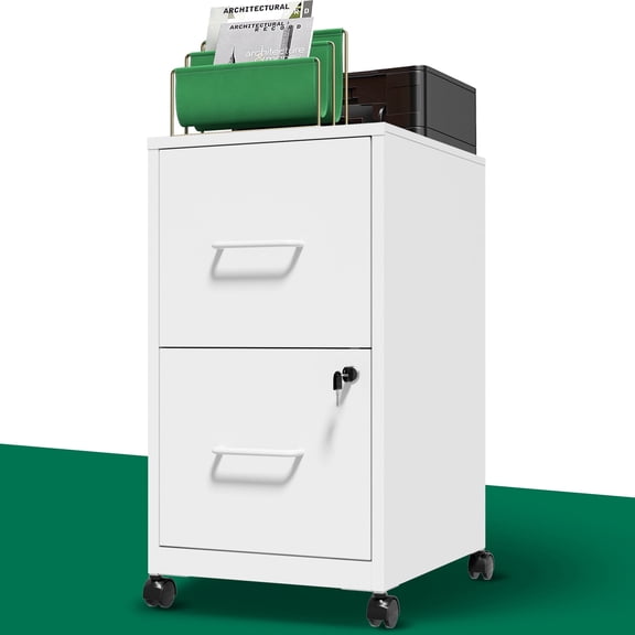 IKIMI 2-Drawer Vertical File Cabinets with Lock, Portable Rolling Metal Filing Cabinet for Legal/Letter/A4 Files, White