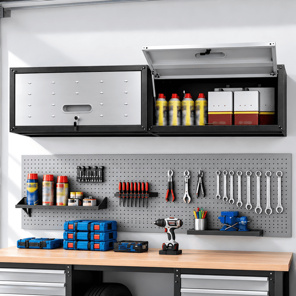 IKIMI 2 Piece Garage Wall Cabinets, Metal Wall Mounted Storage Cabinet with Lockable Doors, Steel Tool Cabinet for Workshop, Gray