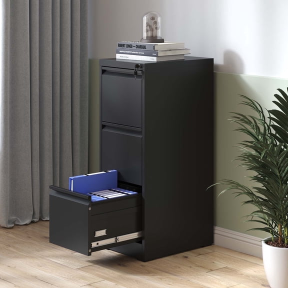IKIMI 3-Drawer Metal Vertical Filing Cabinet with Lock for A4/Letter/Legal Size Files, Black