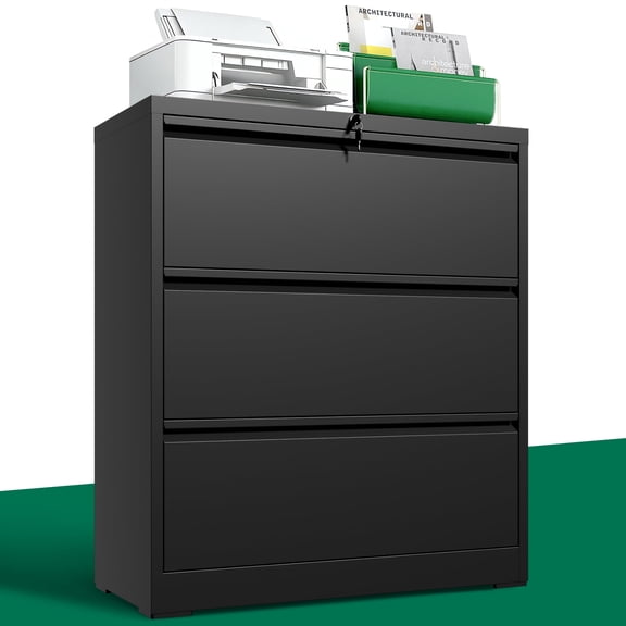 IKIMI 3 Drawer Lateral File Cabinet with Lock, Horizontal Metal File Cabinets for Home Office, Heavy Duty Large Filing Storage Cabinet, Steel Wide File Cabinet for Legal/A4/F4,Require Assembly Black