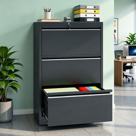 IKIMI 3 Drawer Metal File Cabinet with Lock, Heavy Duty Lateral File Cabinet for Letter/Legal/A4 Files, Black