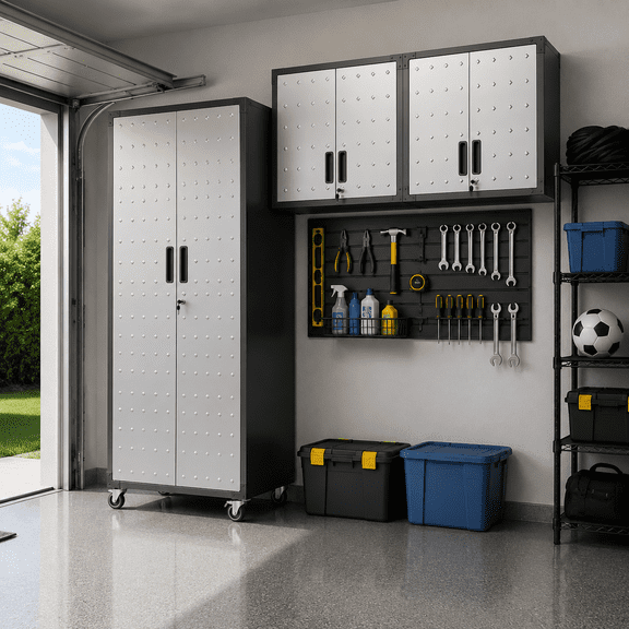 IKIMI 3-Piece Garage Storage Cabinet Set, Heavy Duty Metal Garage Cabinets System Workshop Set with 1* Tall Garage Storage Tool Cabinets and 2 * Wall Mounted Cabinet, Gray