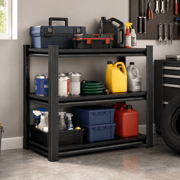 IKIMI 3-Tier Metal Storage Shelves, Heavy Duty Garage Shelving Storage Rack with Adjustable Shelves for Home, Shed, Warehouse,Basement, Black,31.5"H x 34"W x 18"D