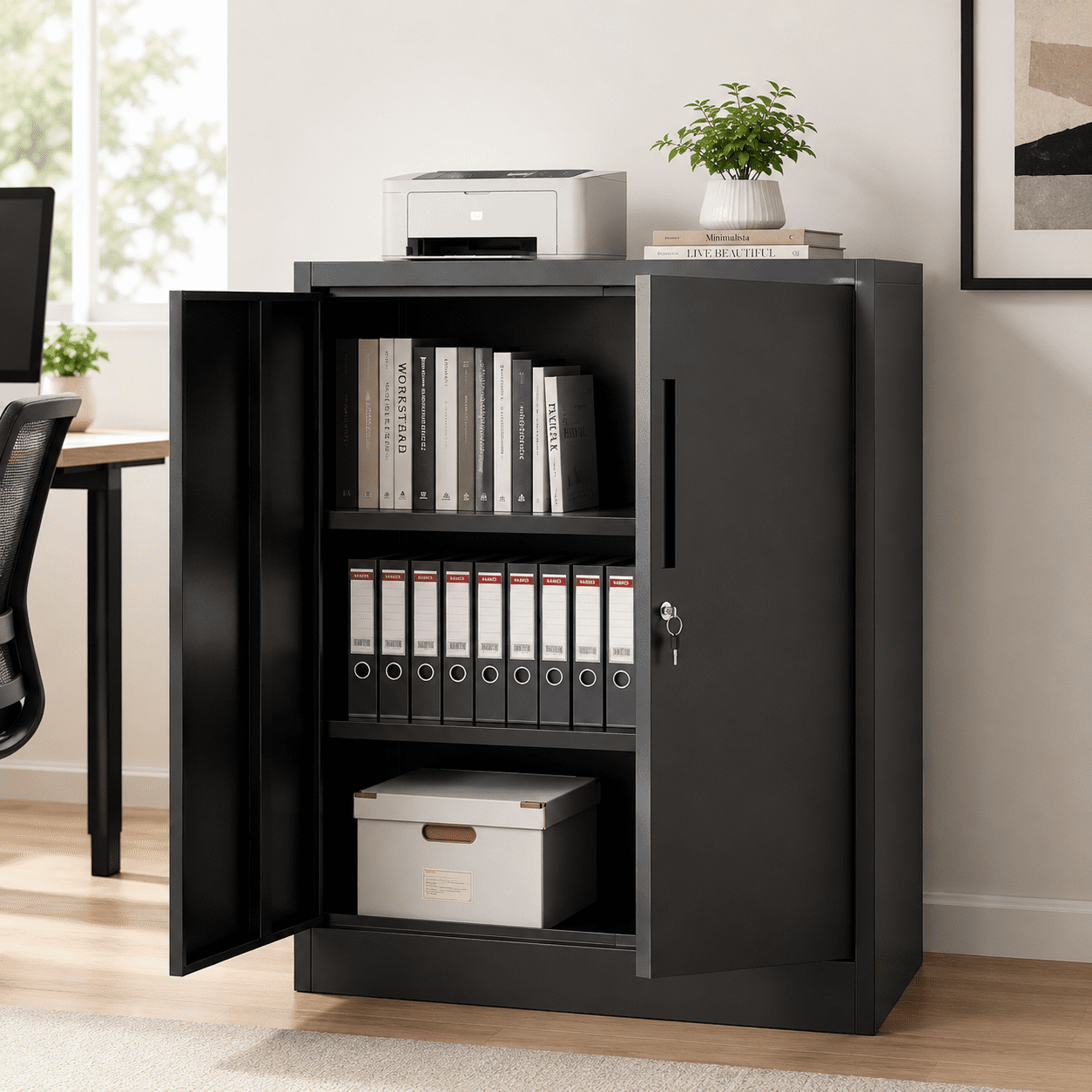 IKIMI 35" Metal Garage Storage Cabinet with Locking Doors and 2 Adjustable Shelves, Office Cabinet for Home, Garage, Warehouse, Black