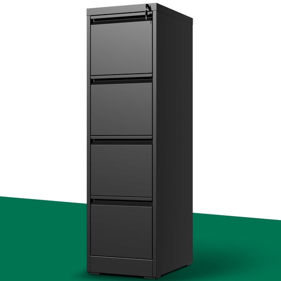 IKIMI 4 Drawer Vertical File Cabinet with Lock, Metal Office Storage Cabinet for A4/Letter/Legal Size, Black