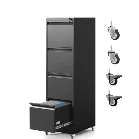 IKIMI 4-Drawer Vertical File Cabinets with Lock, Portable Rolling Metal Filing Cabinet for Legal/Letter/A4 Files, Black