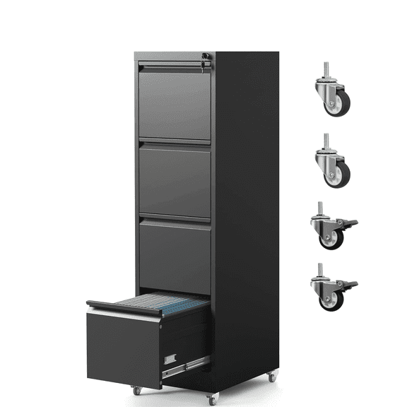 IKIMI 4-Drawer Vertical File Cabinets with Lock, Portable Rolling Metal Filing Cabinet for Legal/Letter/A4 Files, Black