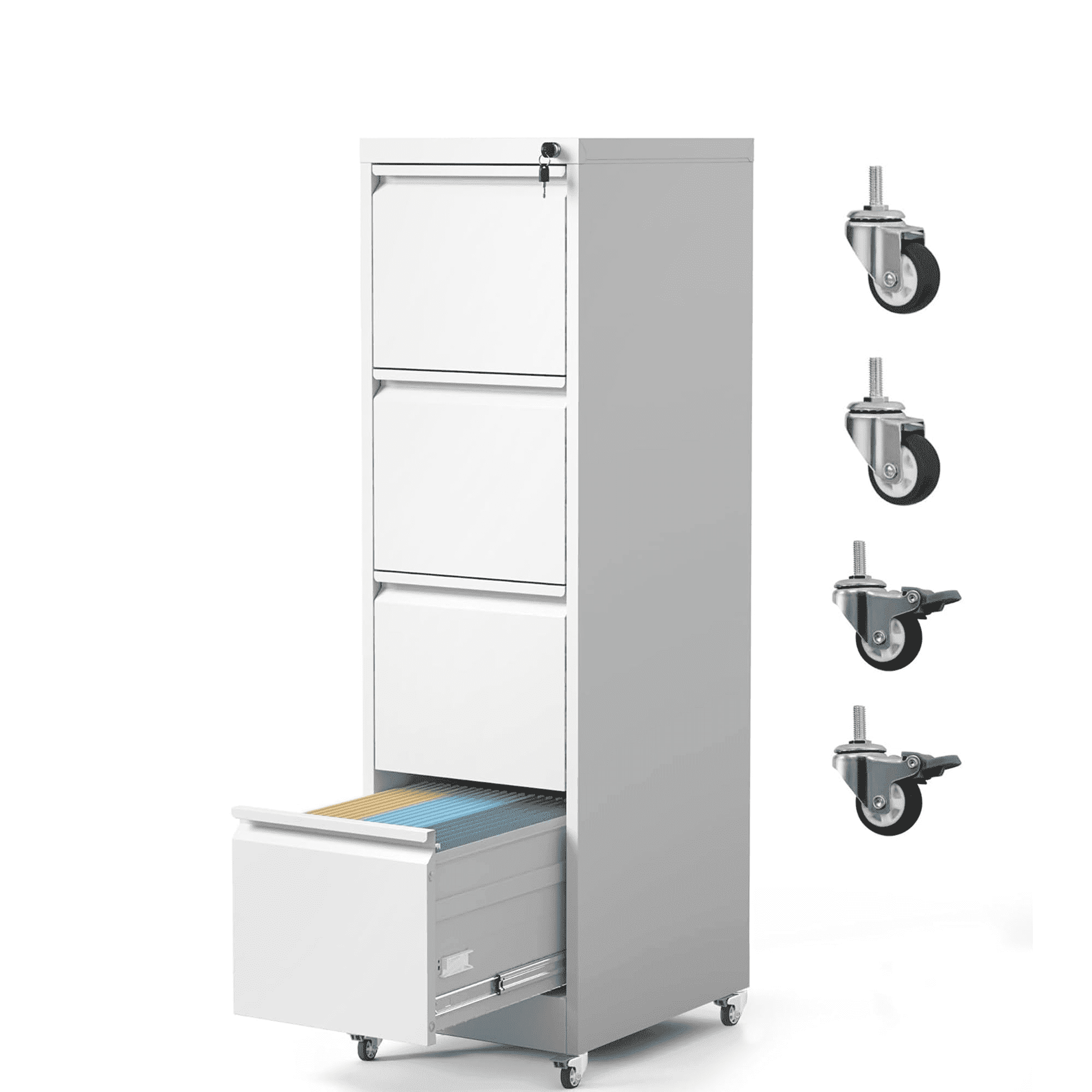 IKIMI 4-Drawer Vertical File Cabinets with Lock, Portable Rolling Metal Filing Cabinet for Legal/Letter/A4 Files, White