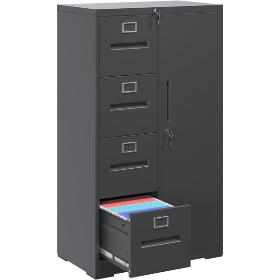 IKIMI 4 Drawer Metal File Cabinet with Lock, Vertical Filing Cabinet for Letter & Legal Files, Anti-Tip Steel Office Storage Cabinet, Black