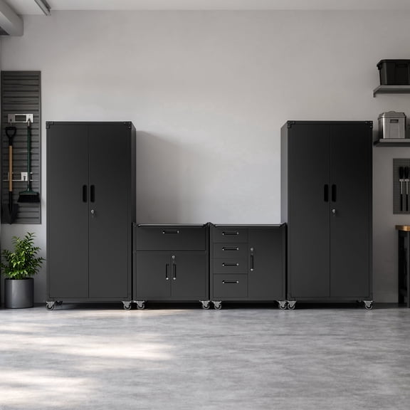 IKIMI Heavy Duty Metal Garage Storage Cabinet System with Drawers and Wheels, Black, 4-Piece Set