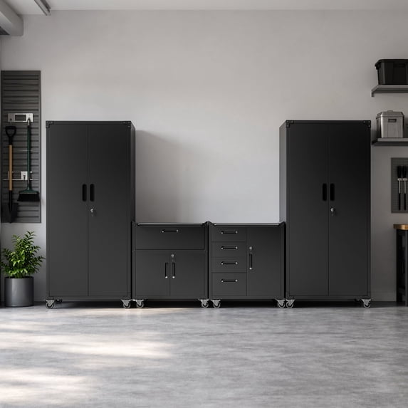 IKIMI Heavy Duty Metal Garage Storage Cabinet System with Drawers and Wheels, Black, 4-Piece Set