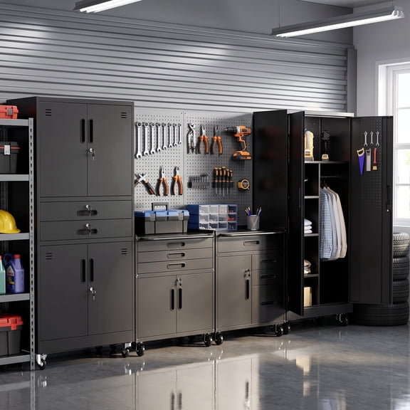 IKIMI 4-Piece Garage Storage Cabinet Set,Heavy Duty Metal Garage Cabinets System Workshop Set with 2 * Tall Tool Cabinets + 2 * Rolling Tool Cabinet