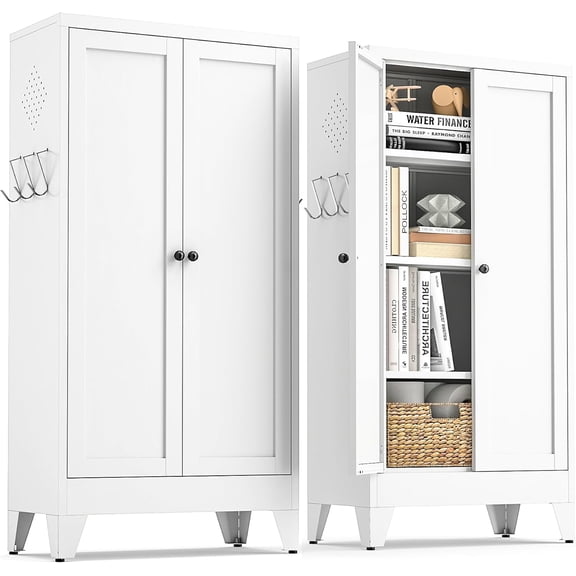 IKIMI 47"H White Metal Storage Cabinet with 2 Doors and 3 Adjustable Shelves for Garage, Kitchen, Dining Room