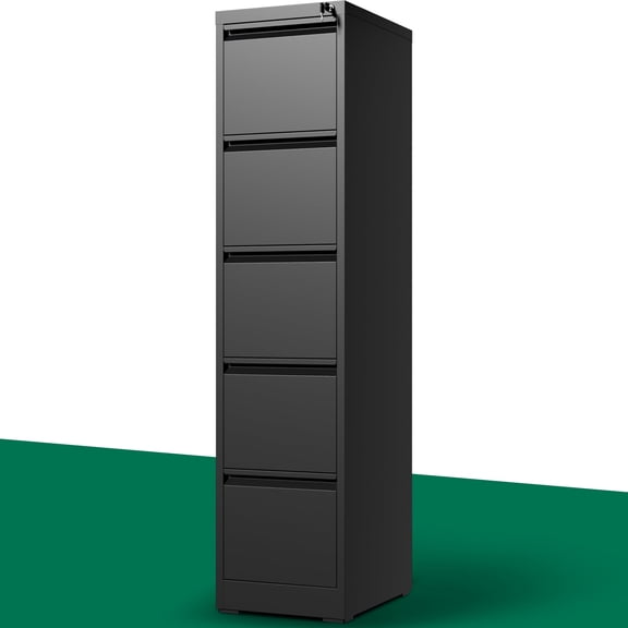 IKIMI 5 Drawer Vertical File Cabinet with Lock, Metal Office Storage Cabinet for A4/Letter/Legal Size, Black