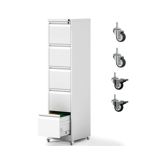 IKIMI 5-Drawer Vertical File Cabinets with Lock, Portable Rolling Metal Filing Cabinet for Legal/Letter/A4 Files, White