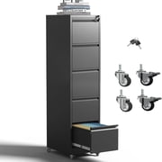 IKIMI 5-Drawer Vertical File Cabinets with Lock, Portable Rolling Metal Filing Cabinet for Legal/Letter/A4 Files, Black
