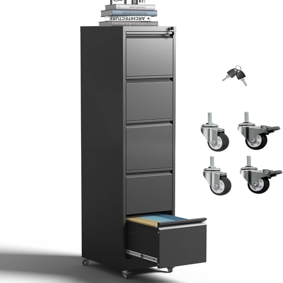IKIMI 5-Drawer Vertical File Cabinets with Lock, Portable Rolling Metal Filing Cabinet for Legal/Letter/A4 Files, Black