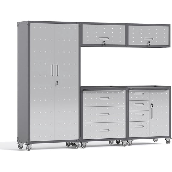 IKIMI 5-Piece Garage Storage Cabinet Set, Garage Storage Cabinets System Workshop Set with Drawers, 1 * Tall Tool Cabinets + 2 * Wall Garage Cabinets + 2 * Rolling Tool Cabinets with Drawers- Gray