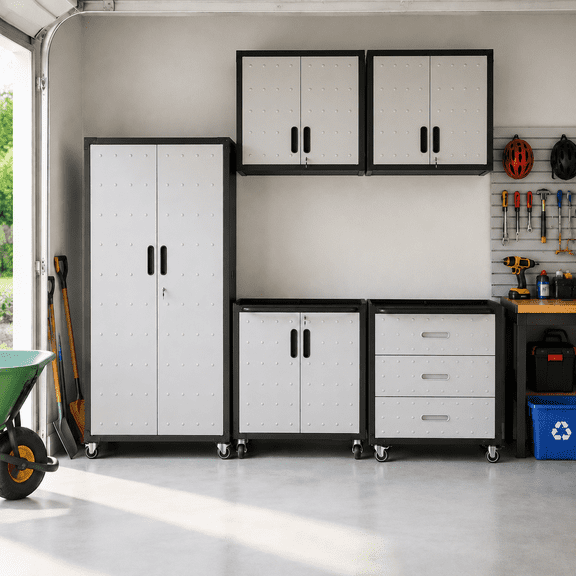 IKIMI 5-Piece Garage Storage Cabinet Set, Heavy Duty Metal Garage Cabinets System Workshop Set with 1* Tall Tool Cabinets+ 2 * Wall Mounted Cabinet+ 2 * Tool Cabinet with Wheels, Gray