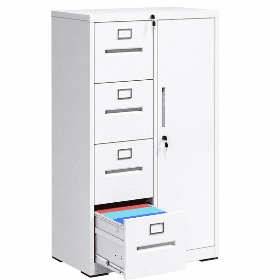 IKIMI 52.4"H Vertical File Cabinet with Lock, Steel File Locker with 4 Drawers and 1 Door for School, Living Room, Bedroom, Office, White