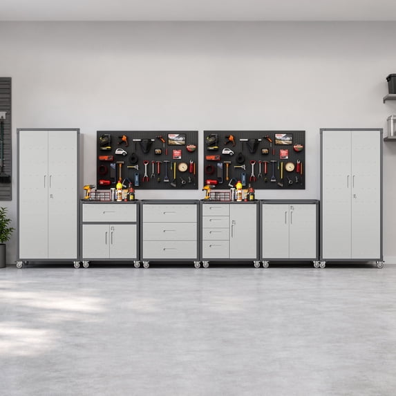 IKIMI 6-Piece Garage Storage Cabinet Set, Garage Storage Cabinets System Workshop Set with Drawers, 2 * Tall Garage Storage Tool Cabinets and 4 * Tool Cabinet with Wheels - Gray