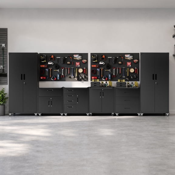 IKIMI 6-Piece Garage Storage Cabinet Set, Garage Storage Cabinets System Workshop Set with Drawers, 2 * Tall Garage Storage Tool Cabinets and 4 * Tool Cabinet with Wheels - Black