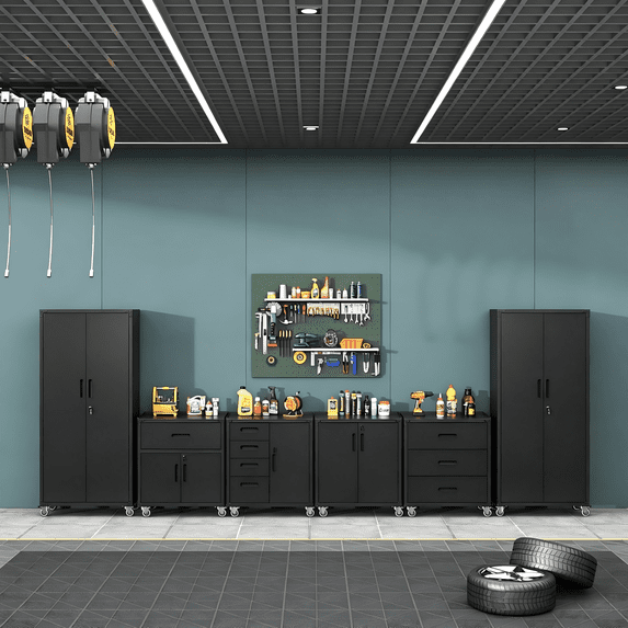 IKIMI 6-Piece Garage Storage Cabinet Set, Garage Storage Cabinets System Workshop Set with Drawers, 2 * Tall Garage Storage Tool Cabinets and 4 * Tool Cabinet with Wheels - Black