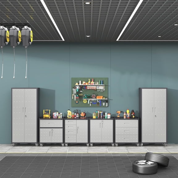 IKIMI 6-Piece Garage Storage Cabinet Set, Garage Storage Cabinets System Workshop Set with Drawers, 2 * Tall Garage Storage Tool Cabinets and 4 * Tool Cabinet with Wheels - Grey
