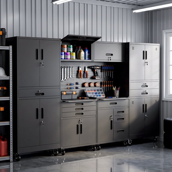 IKIMI 6-Piece Garage Storage Cabinet Set,Heavy Duty Metal Garage Cabinets System Workshop Set with 2 * Tall Tool Cabinets + 2 * Rolling Tool Cabinet and 2 * Wall Cabinets