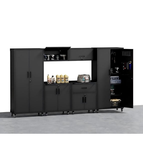 IKIMI 6-Piece Garage Storage Cabinet Set, Heavy Duty Metal Garage Cabinets System Workshop Set with 2* Tall Tool Cabinets+ 2 * Wall Mounted Cabinet+ 2 * Tool Cabinet with Wheels, Black