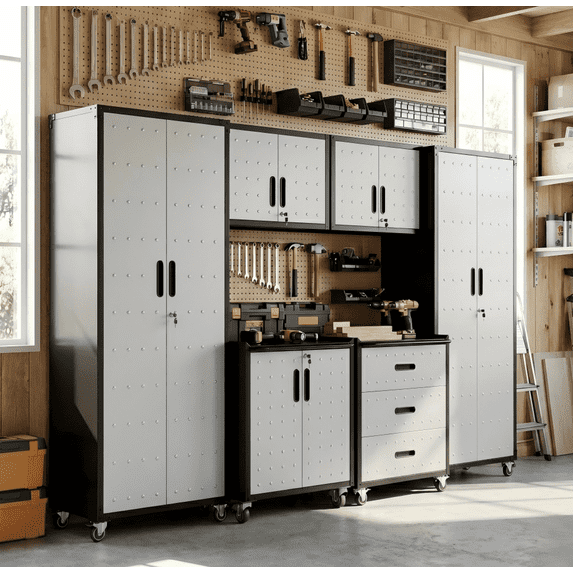 IKIMI Heavy Duty Metal Garage Storage Cabinet System with Wall Cabinets and Wheels, Gray, 6-Piece Set