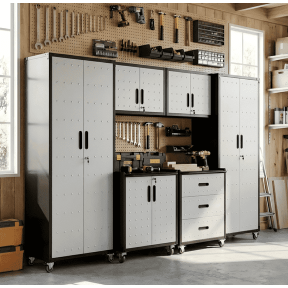 IKIMI Heavy Duty Metal Garage Storage Cabinet System with Wall Cabinets and Wheels, Gray, 6-Piece Set