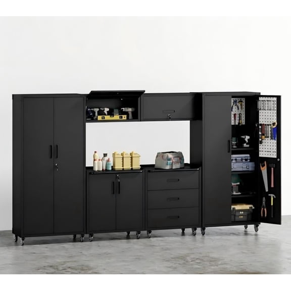 IKIMI 6-Piece Garage Storage Cabinet Set, Heavy Duty Metal Garage Cabinets System Workshop Set with 2* Tall Tool Cabinets+ 2 * Wall Mounted Cabinet+ 2 * Tool Cabinet with Wheels, Black