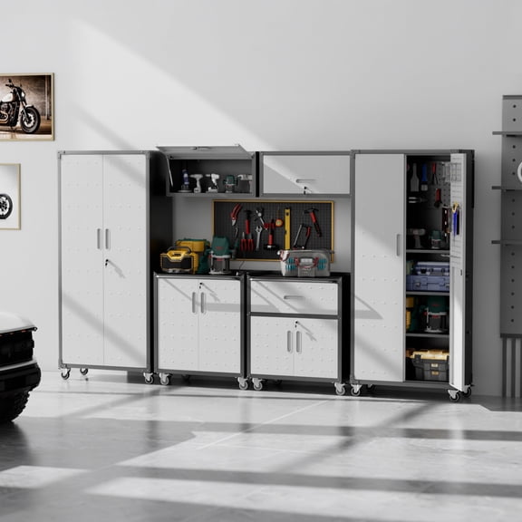 IKIMI 6-Piece Garage Storage Cabinet Set, Heavy Duty Metal Garage Cabinets System Workshop Set with 2* Tall Tool Cabinets  2 * Wall Mounted Cabinet  2 * Tool Cabinet with Wheels, Gray
