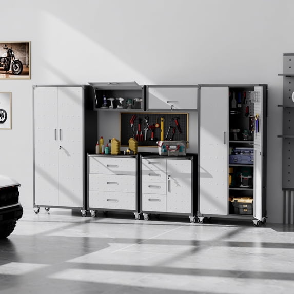 IKIMI 6-Piece Garage Storage Cabinet Set, Heavy Duty Metal Garage Cabinets System Workshop Set with 2* Tall Tool Cabinets+ 2 * Wall Mounted Cabinet+ 2 * Tool Cabinet with Wheels, Gray