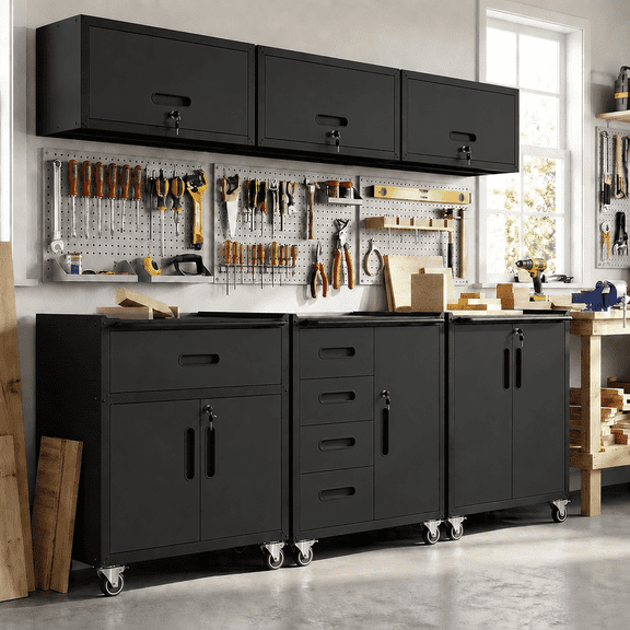 IKIMI 6-Piece Heavy Duty Garage Cabinet System with Workbench, Lockable Steel Storage Cabinets, Modular Tool Storage Organizer for Garage & Workshop , Black