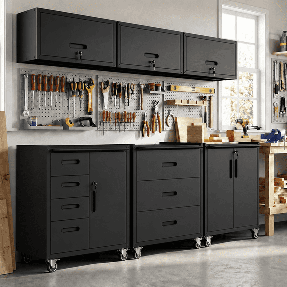 IKIMI 6-Piece Heavy Duty Garage Cabinet System with Workbench, Lockable Steel Storage Cabinets, Modular Tool Storage Organizer for Garage & Workshop , Black
