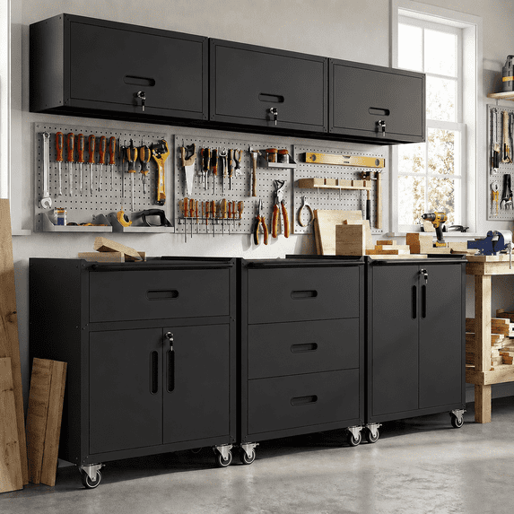 IKIMI 6-Piece Heavy Duty Garage Cabinet System with Workbench, Lockable Steel Storage Cabinets, Modular Tool Storage Organizer for Garage & Workshop , Black