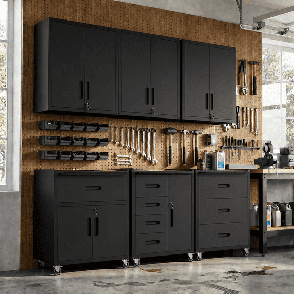 IKIMI 6-Piece Heavy Duty Garage Cabinet System with Workbench, Lockable Steel Storage Cabinets, Modular Tool Storage Organizer for Garage & Workshop , Black