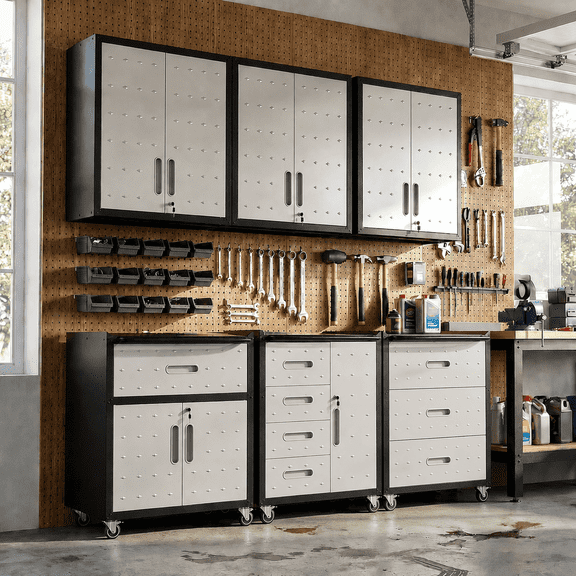 IKIMI 6-Piece Heavy Duty Garage Cabinet System with Workbench, Lockable Steel Storage Cabinets, Modular Tool Storage Organizer for Garage & Workshop , Gray