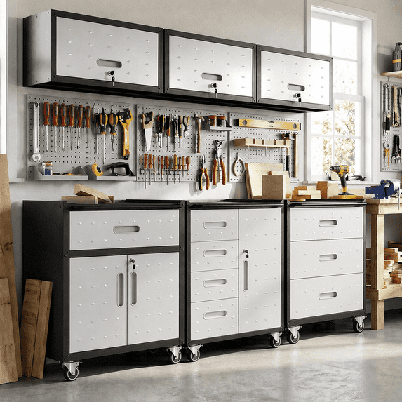 IKIMI 6-Piece Heavy Duty Garage Cabinet System with Workbench, Lockable Steel Storage Cabinets, Modular Tool Storage Organizer for Garage & Workshop , Gray