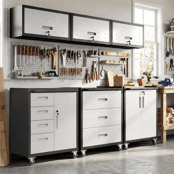IKIMI 6-Piece Heavy Duty Garage Cabinet System with Workbench, Lockable Steel Storage Cabinets, Modular Tool Storage Organizer for Garage & Workshop , Gray